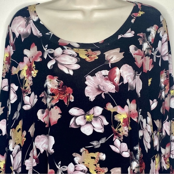 Meri Skye Asymmetrical Knit Top 1X Black Pink Scoop Neck 3/4 Sleeves Made In USA - Picture 3 of 11